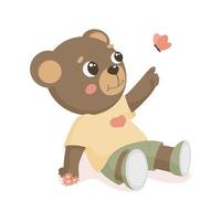 Cute baby bear playing with butterfly vector