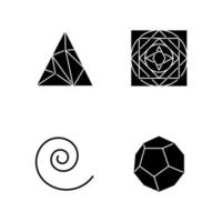 Geometric figures glyph icons set. Polygonal triangle. Solid square. Swirls, curved stokes. Abstract shapes. Filled dodecahedron. Isometric forms. Silhouette symbols. Vector isolated illustration