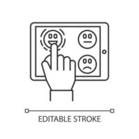 Online survey linear icon. Feedback. Hand picking emoticon on tablet display. Customer satisfaction level. Thin line illustration. Contour symbol. Vector isolated outline drawing. Editable stroke