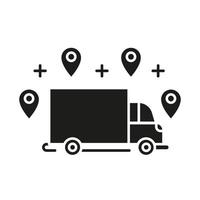 Delivery option glyph icon. Online order tracking. Shipping truck with location marks. Delivery service. Logistics and distribution. Silhouette symbol. Negative space. Vector isolated illustration