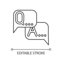 Survey linear icon. Questions and answers. FAQ sign. Speech bubbles. Message. Online chat. Ask for info. Thin line illustration. Contour symbol. Vector isolated outline drawing. Editable stroke