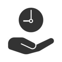 Open hand with clock glyph icon. Silhouette symbol. Time management. Negative space. Vector isolated illustration