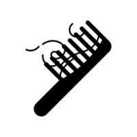 Hairbrush black glyph icon. Comb with hair. Hairloss problem. Dermatology issue. Stress symptom. Alopecia and balding. Silhouette symbol on white space. Vector isolated illustration