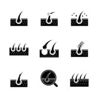 Hair loss black glyph icons set on white space. Damaged hair, unhealthy roots. Scalp and follicle. Skin tissue. Alopecia and balding. Silhouette symbols. Vector isolated illustration