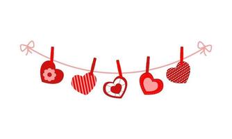 lindos corazones de san valentín colgando de la cuerda en las pinzas para la ropa. decoración para tarjetas de felicitación, pancartas, invitaciones vector