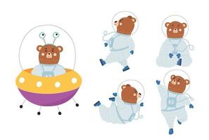 Cute bear astronaut set. Collection of kids character isolated on white background. Hand drawn vector illustration.