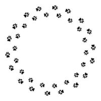 Round frame with black dog track isolated on white background. Animal footprint silhouette. Border with pet track.