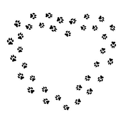 Heart shape frame with black dog track isolated on white background. Animal footprint silhouette. Border with pet track.