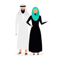 Ilustración de vector plano indonesios. pareja se encuentra cerca. gente musulmana. mujer en hiyab. cultura asiática. personas vestidas con ropa nacional personaje de dibujos animados aislado sobre fondo blanco