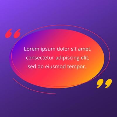 Quote blank frame vector template. Purple, pink, orange and yellow gradient speech bubble. Quotation, citation text box design. Oval empty textbox background for message, comment, note