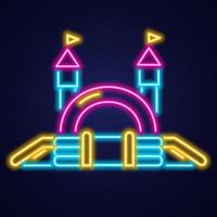 Bouncy castle neon icon. Jumping house on kids playground. Vector illustration.