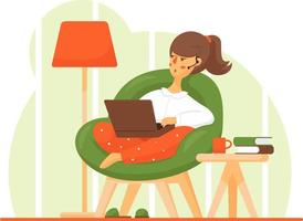 una joven feliz se relaja en una silla cómoda y usa una laptop. vector