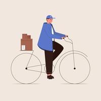Character Illustration of a Man Riding Bicycle And Delivering Box vector