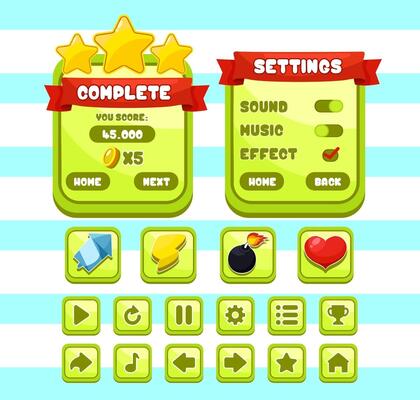 Button set designed game user interface GUI for video games, computers.