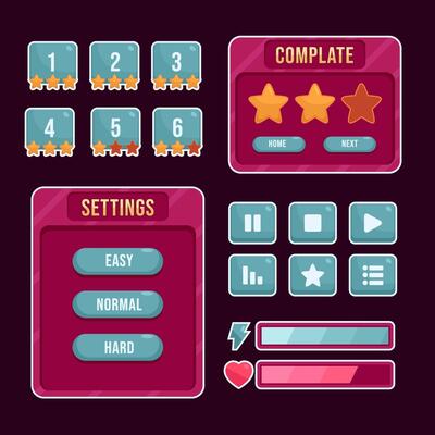 Button set designed game user interface GUI for video games, computers.