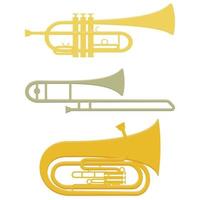 conjunto de instrumentos musicales de viento trompeta trombón tuba, color ilustración vectorial aislada vector