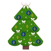 Christmas tree with Christmas star, balloons and garland. Green spruce or pine tree decorated with Christmas toys. Vector design flat style.