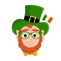 un lindo duende de dibujos animados con un sombrero verde con la bandera de irlanda y un trébol, una ilustración para st. día de San Patricio. ilustración vectorial aislada en un fondo blanco. vector