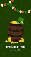 A St. Patrick's Day flyer, a brochure, an invitation to a sale, a barrel with a pot of gold. Vector illustration on a green background.