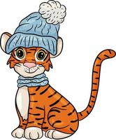 Tiger in  warm blue hat. Symbol of the new year according to the Chinese or Eastern calendar. Vector editable illustration, cartoon style