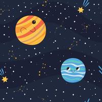 Cute seamless pattern with smiling planets in open space with stars. Hand drawn vector illustration for children.