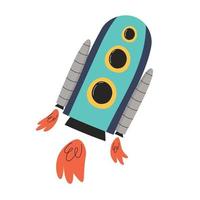 Cute hand drawn spaceship with flame. Vector illustration for children.