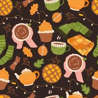 Autumn mood seamless pattern with cupcake, tea cup, teapot, scarf and blanket vector