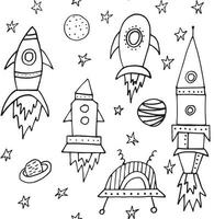 Black and white cosmic vector seamless pattern. Rocket texture for baby boy stuff design. Cute pattern with hand drawn elements for covers, wall paper, wrapping paper, fabric and other child designs