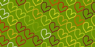 plantilla de vector verde claro, rojo con corazones de doodle.