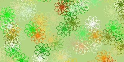 Fondo de doodle de vector verde claro, amarillo con flores.