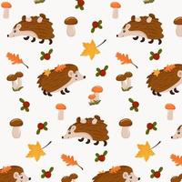 Autumn pattern. Seamless background with autumn elements, leaves, hedgehog, mushrooms, lingonberries. Vector illustration cartoon style.