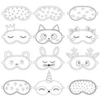 set of sleep mask with a pattern, black contour, isolated vector illustration