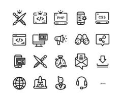 Icons on the topic of IT technology. Vector. Set of icons developers of applications, sites and software. Simple contour style. Pixel Perfect. Symbols and signs of the computer world. vector