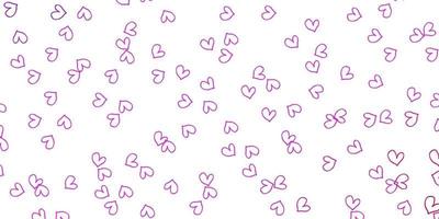 plantilla de vector de color púrpura claro, rosa con corazones de doodle.