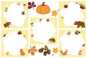 Forest animals. Set of vector frames in the form of a spot with elements of autumn, in a flat cartoon style. Template for children's photos, postcards, invitations