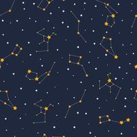 Cute seamless pattern with stars and constellations in open space. Hand drawn vector illustration for children.