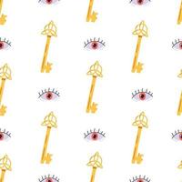 Seamless pattern with magic key and evil eye. Vector background.