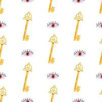 Seamless pattern with magic key and evil eye. Vector background.