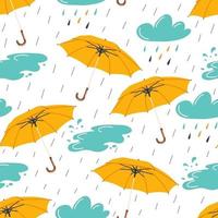 Autumn seamless pattern with rainy weather elements - umbrella, clouds and puddle. Vector illustration.