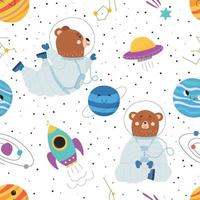 Seamless pattern with cute bear in space suit, spaceship, UFO, planets and stars. Great for nursery and children. vector