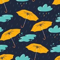 Autumn seamless pattern with rainy weather elements - umbrella, clouds and puddle. Vector illustration.