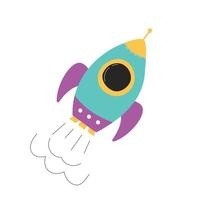 Cute hand drawn spaceship with flame. Vector illustration for children