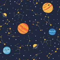 Cute seamless pattern with smiling planets in open space with stars and constellations. Hand drawn vector illustration for children.