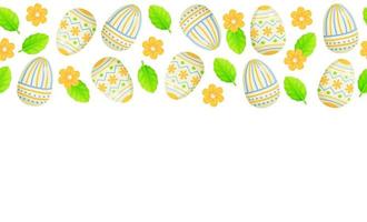 Easter border with eggs, lives and flowers. Spring template. Stock vector illustration in cartoon realistic style