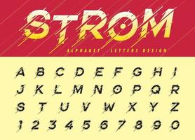 Letras y números modernos del alfabeto en cursiva, fuentes estilizadas de tormenta en movimiento vector