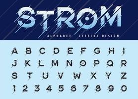 glitch letras y números del alfabeto moderno, fuentes de letras estilizadas de tormenta en movimiento, vector