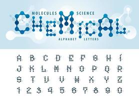 letras y números del alfabeto de células moleculares, letras establecidas para química de células de moléculas atómicas, ciencia, conectar, conexión, red, social, biología, física vector