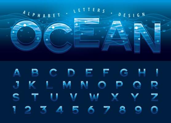 Modern Water Ripple Lines Letter fonts, Ocean Wave line Alphabet Letters and numbers.