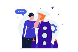 Business startup modern flat concept for web banner design. Man is preparing to launch new project and improves rocket. Creative idea and innovation. Vector illustration with isolated people scene