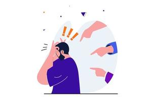 Bullying modern flat concept for web banner design. Upset man suffering from harassment and aggressive attacks, angry hands pointing at him and blame. Vector illustration with isolated people scene